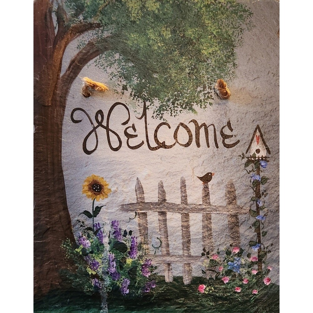 Vintage HAND PAINTED Welcome Slate Sign Flowers Garden Hanging 10inx8in